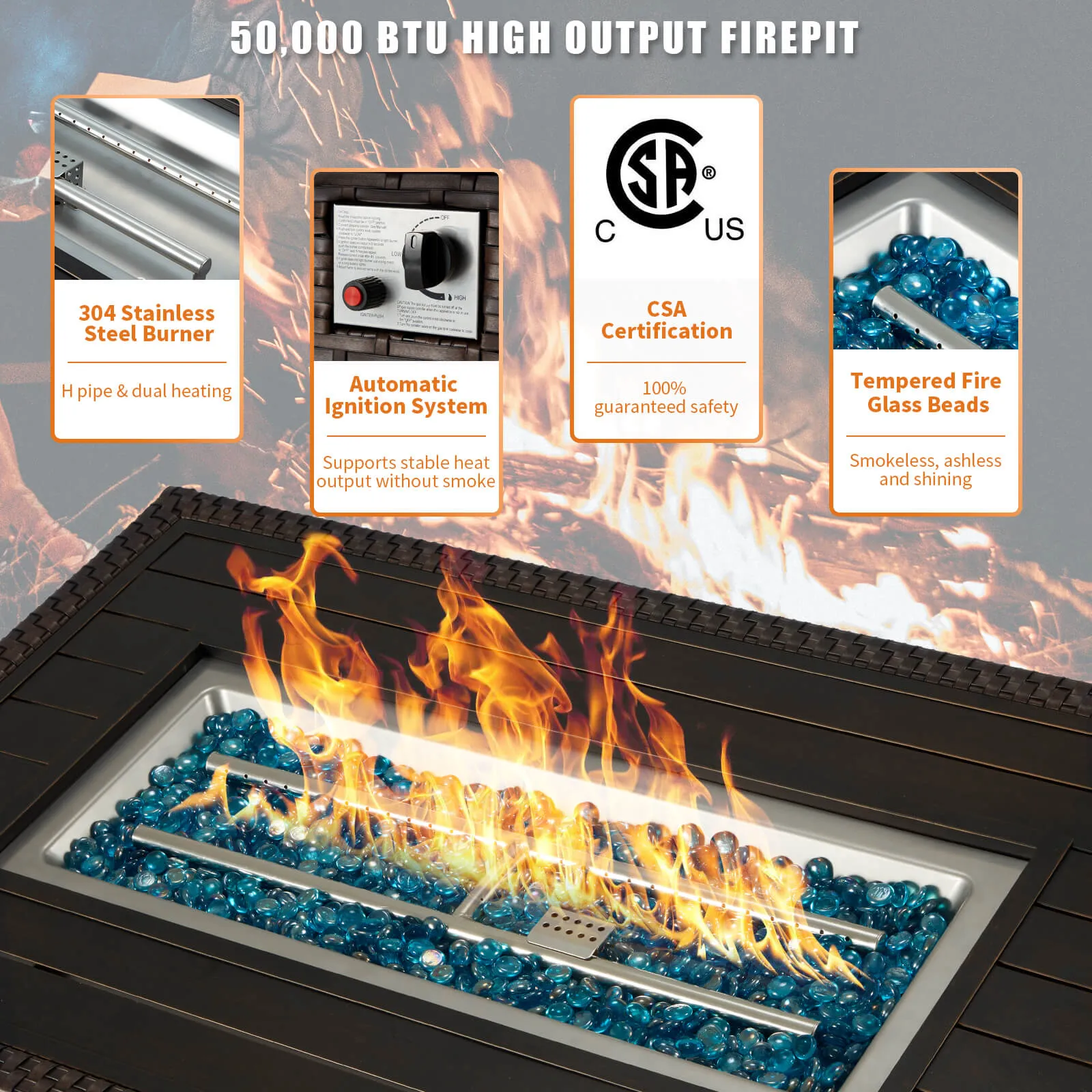 Homrest 44" Outdoor Propane Gas Fire Pit Table 50000 BTU Auto-Ignition w/ Windguard, Brown