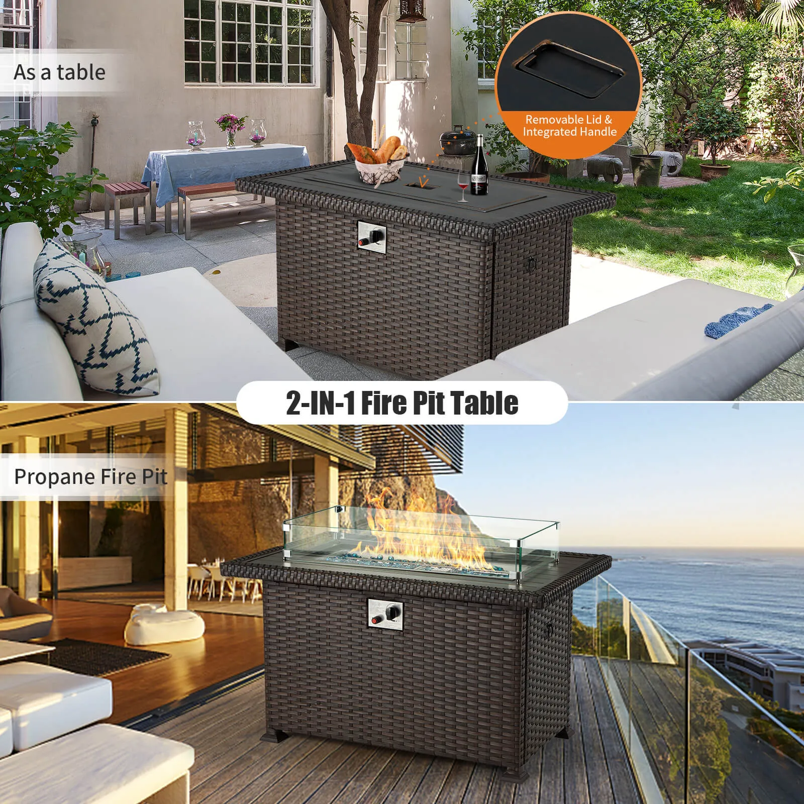 Homrest 44" Outdoor Propane Gas Fire Pit Table 50000 BTU Auto-Ignition w/ Windguard, Brown