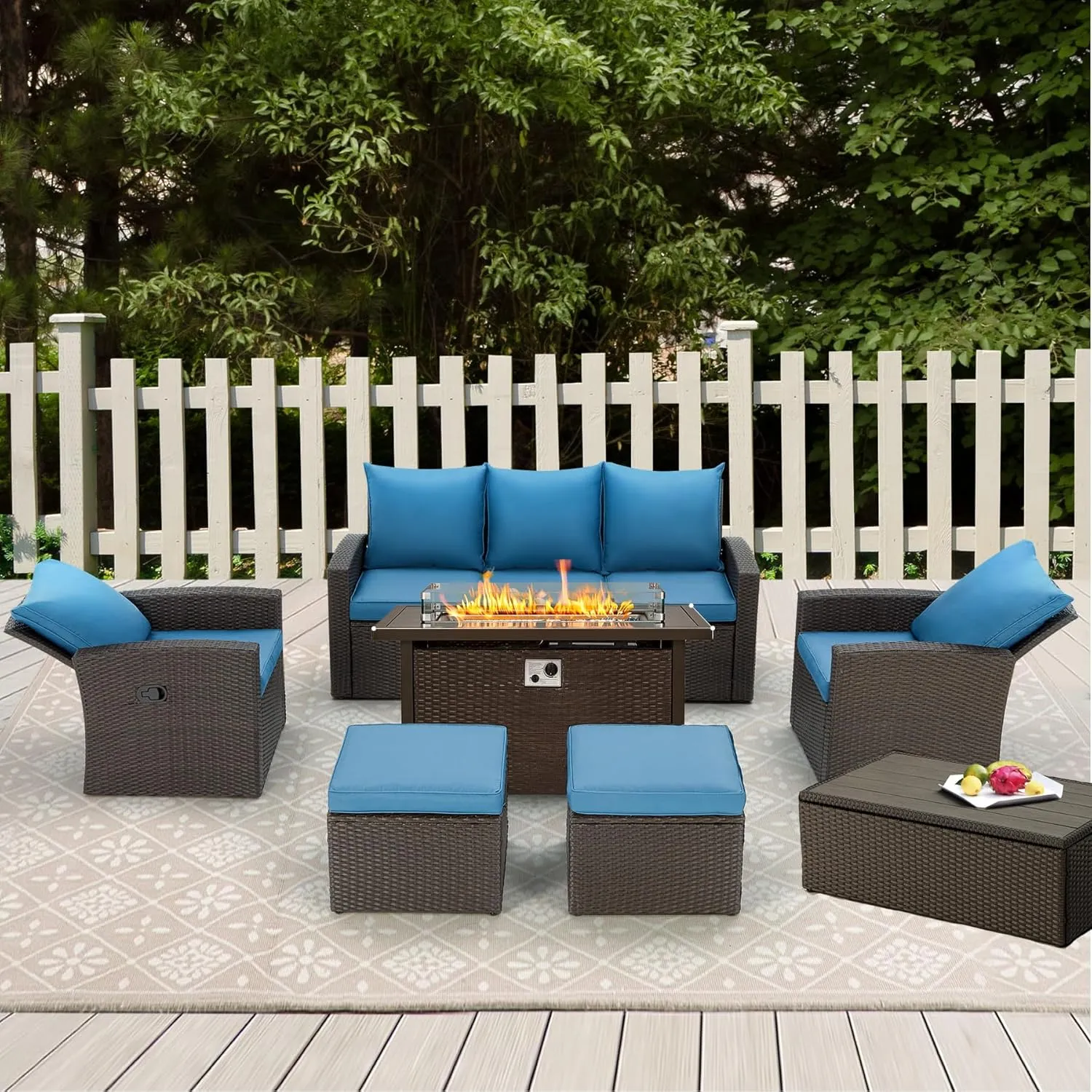 HomrestI 7 Pcs Patio Furniture Set w/ 44" Propane Fire Pit Table and Storage Coffee Table, Blue