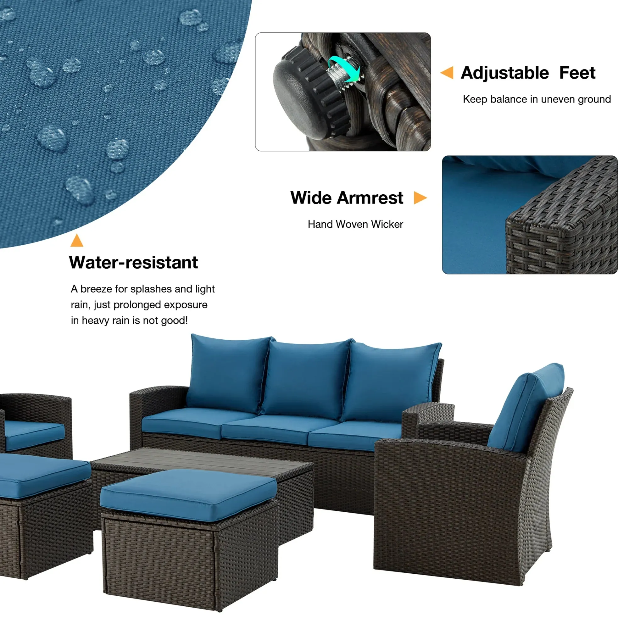 HomrestI 7 Pcs Patio Furniture Set w/ 44" Propane Fire Pit Table and Storage Coffee Table, Blue