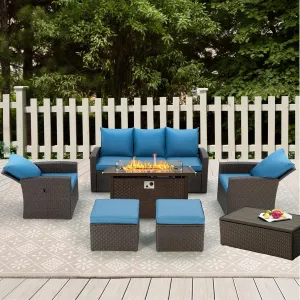 HomrestI 7 Pcs Patio Furniture Set w/ 44" Propane Fire Pit Table and Storage Coffee Table, Blue