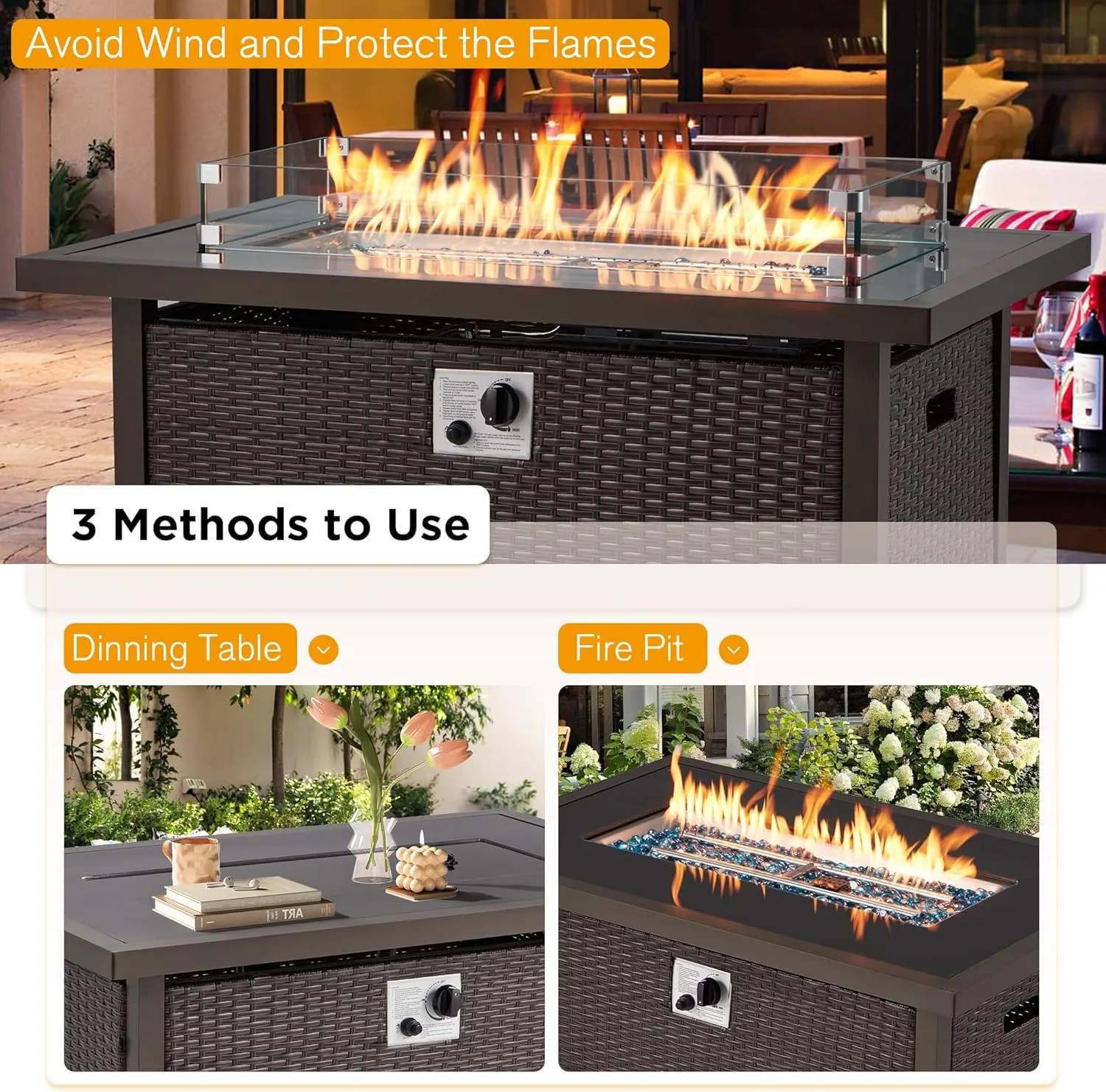 HomrestI 7 Pcs Patio Furniture Set w/ 44" Propane Fire Pit Table and Storage Coffee Table, Blue