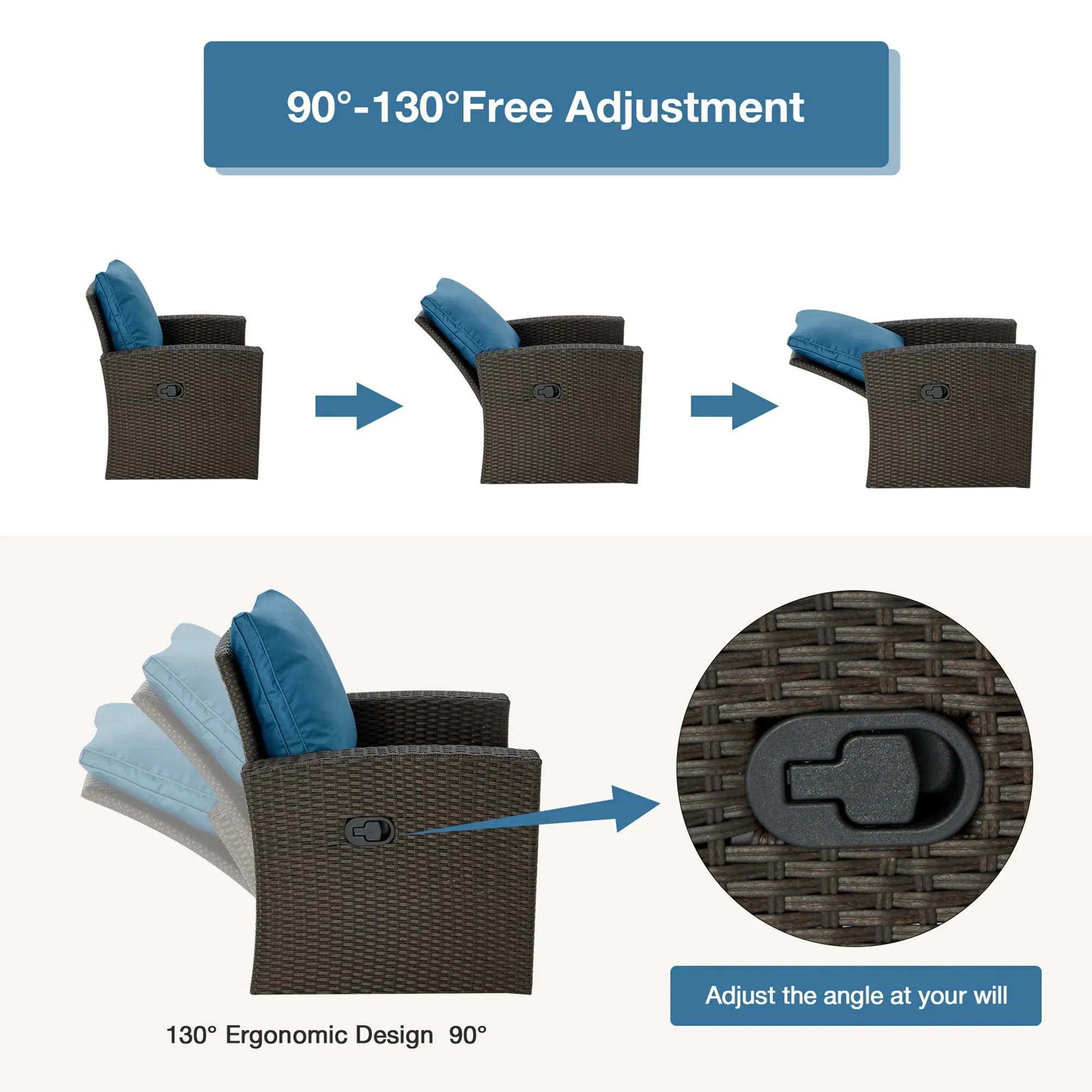 HomrestI 7 Pcs Patio Furniture Set w/ 44" Propane Fire Pit Table and Storage Coffee Table, Blue