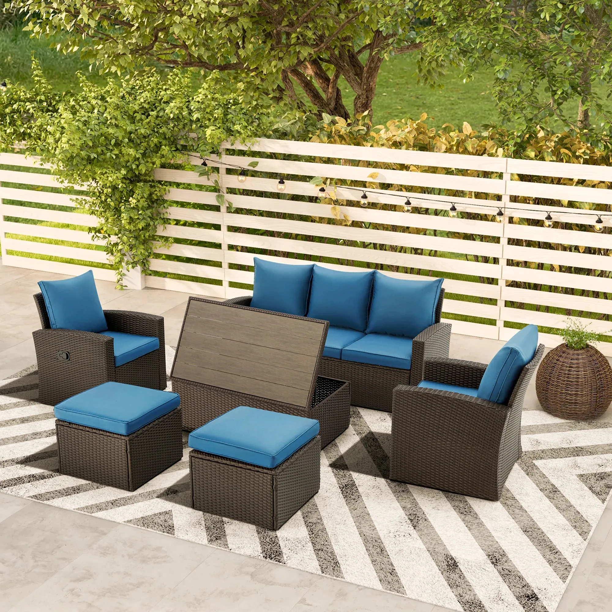 HomrestI 7 Pcs Patio Furniture Set w/ 44" Propane Fire Pit Table and Storage Coffee Table, Blue