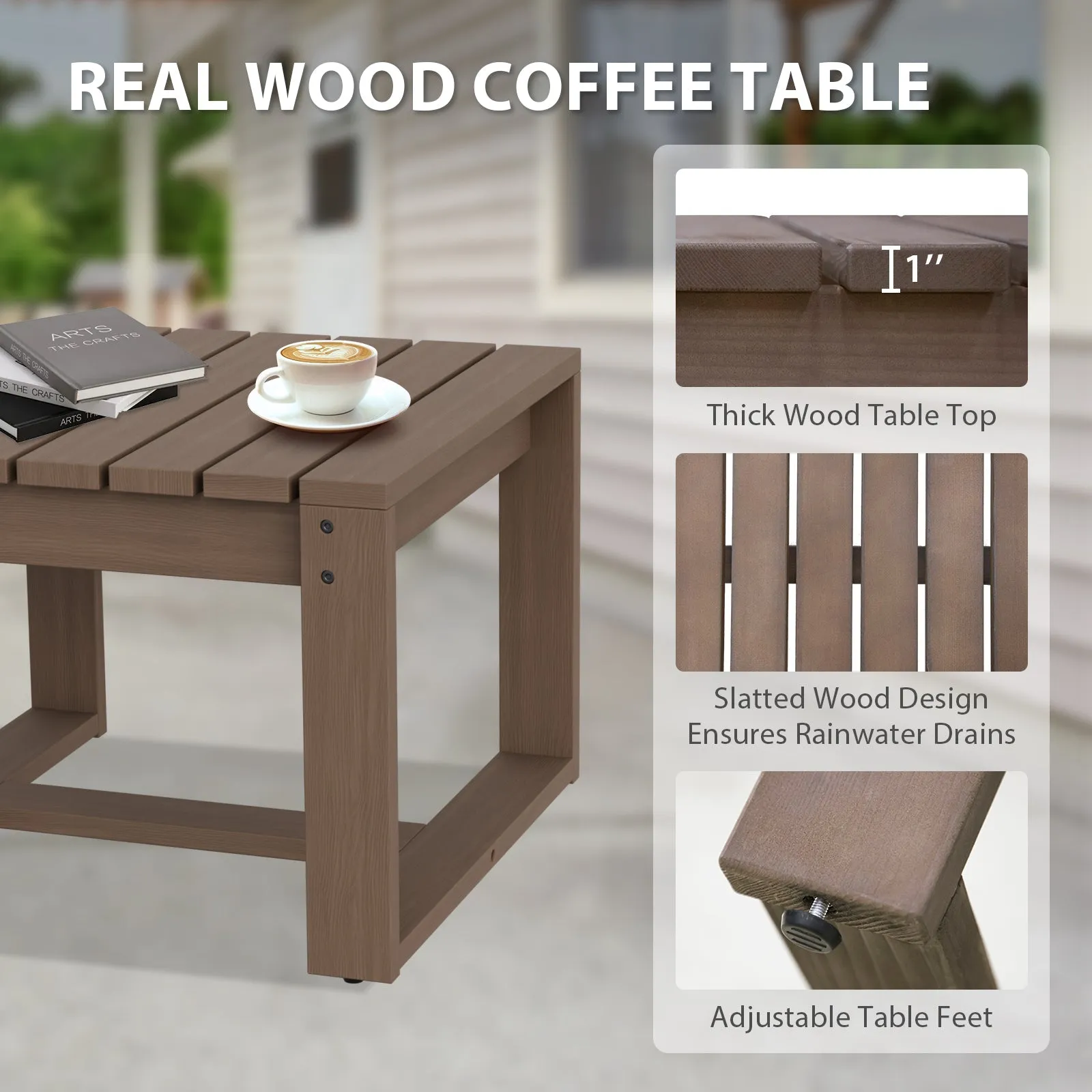 Natural Cedar Wood Bistro Set, Single Chairs and Square Table, 3 Pieces