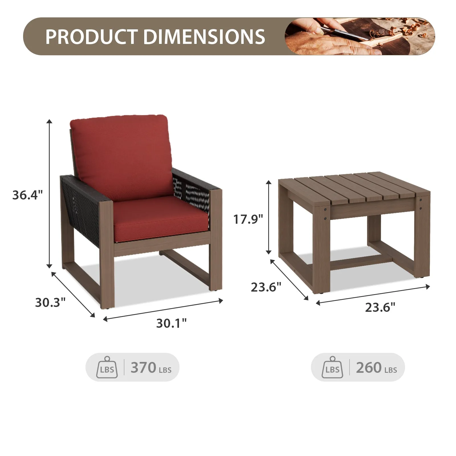 Natural Cedar Wood Bistro Set, Single Chairs and Square Table, 3 Pieces