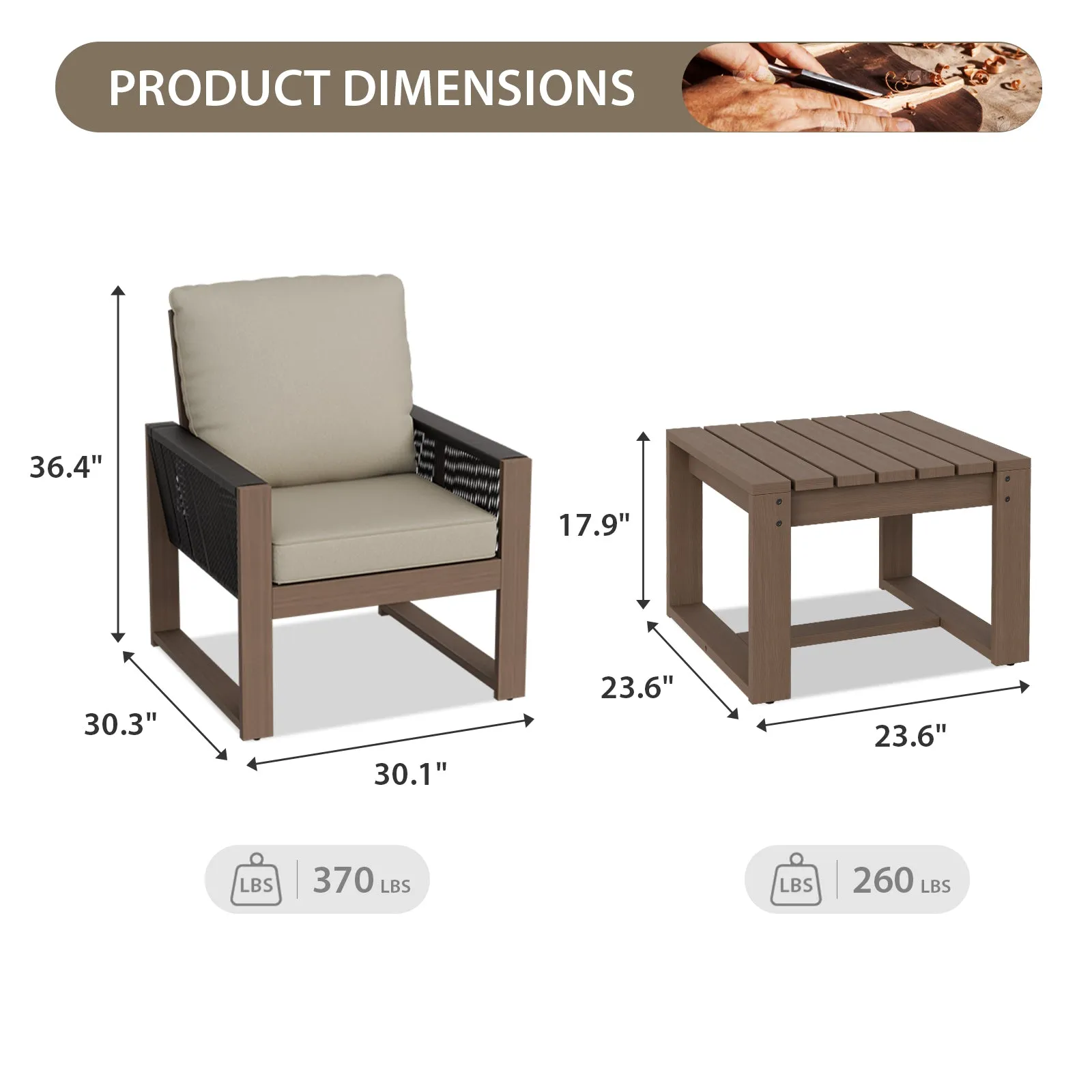 Natural Cedar Wood Bistro Set, Single Chairs and Square Table, 3 Pieces