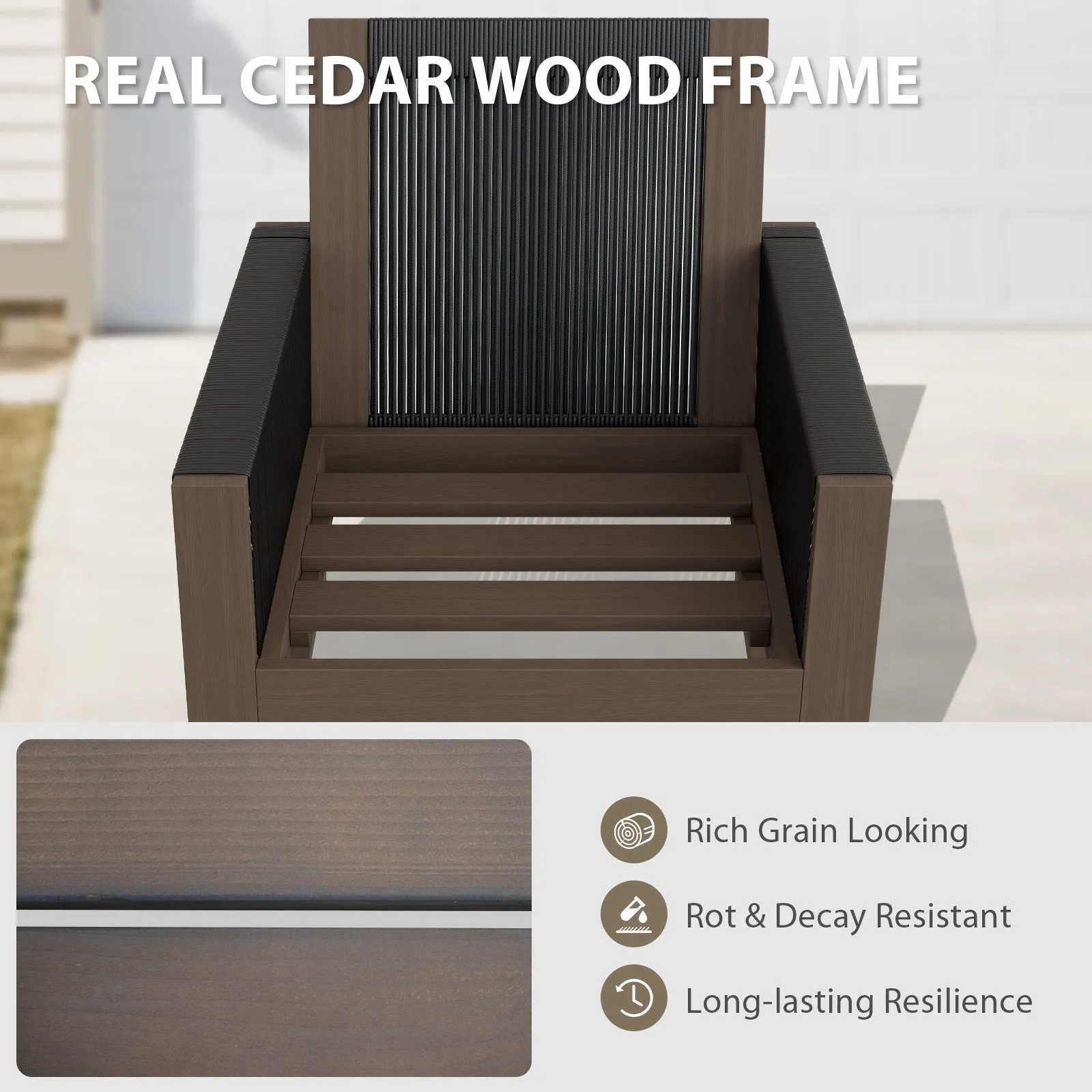 Natural Cedar Wood Bistro Set, Single Chairs and Square Table, 3 Pieces