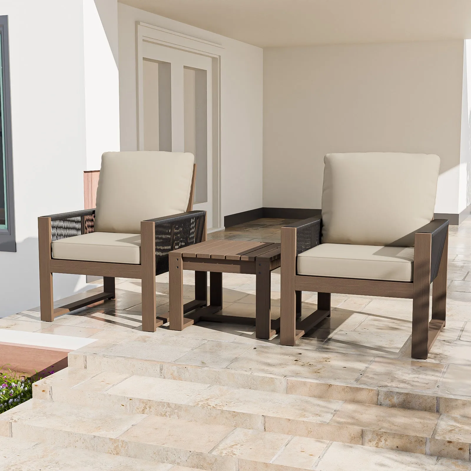 Natural Cedar Wood Bistro Set, Single Chairs and Square Table, 3 Pieces