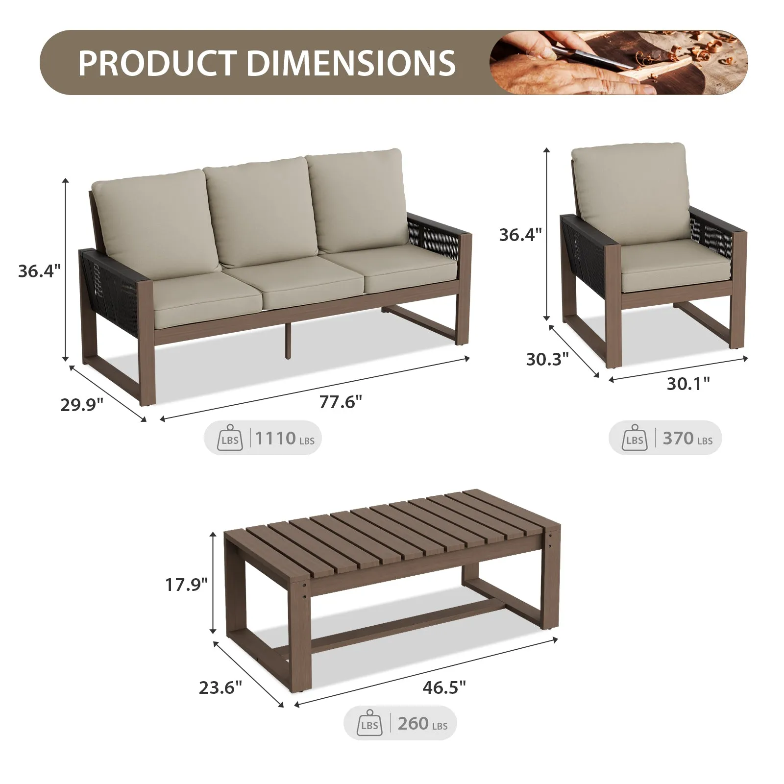 Natural Wood Outdoor Patio Furniture Set, Sofa 2 Chairs and Coffee Table, 4 Pieces