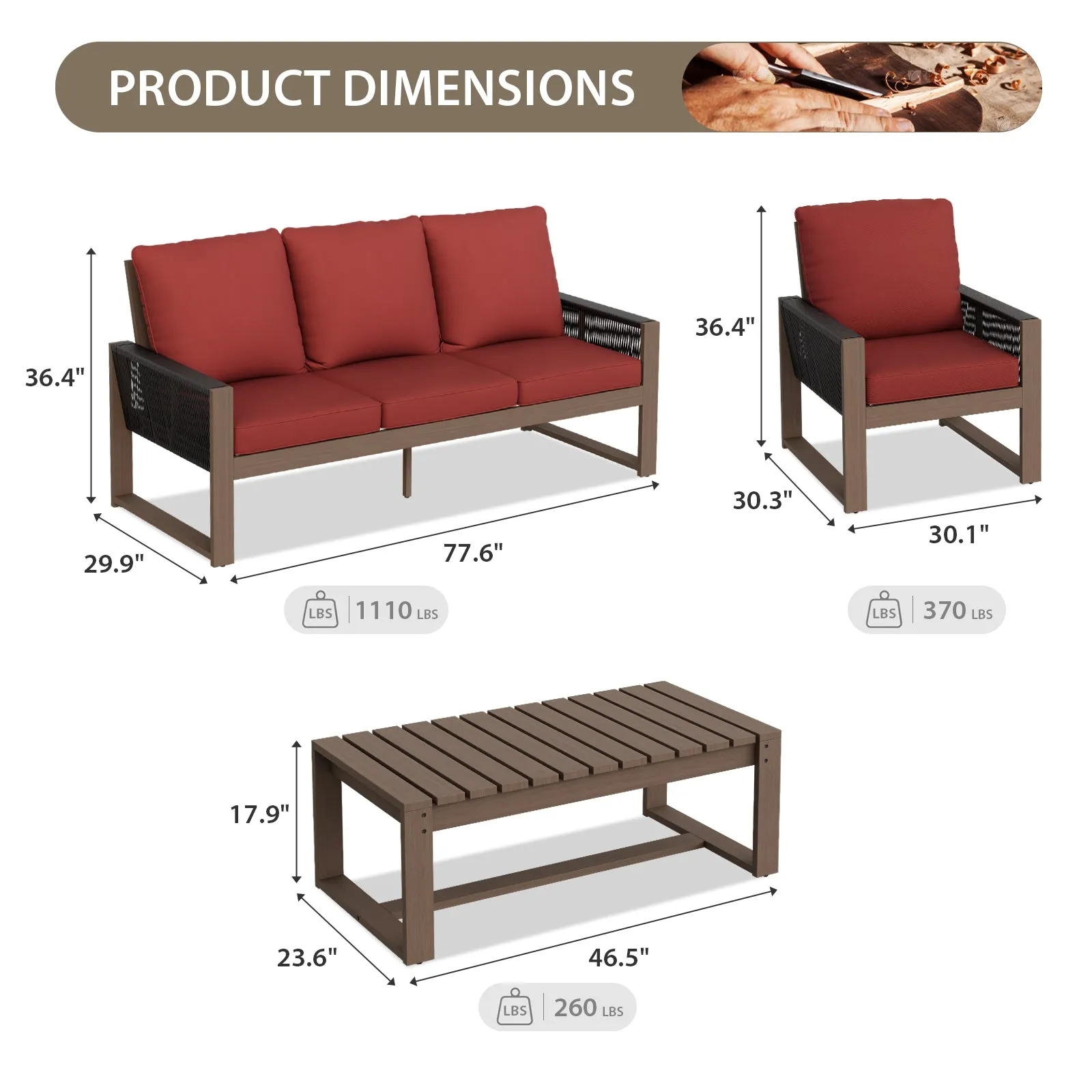 Natural Wood Outdoor Patio Furniture Set, Sofa 2 Chairs and Coffee Table, 4 Pieces