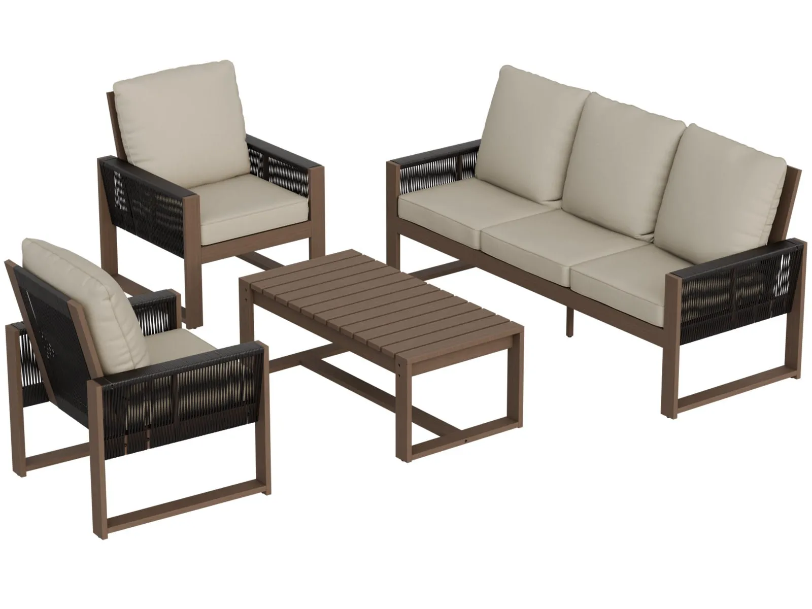 Natural Wood Outdoor Patio Furniture Set, Sofa 2 Chairs and Coffee Table, 4 Pieces