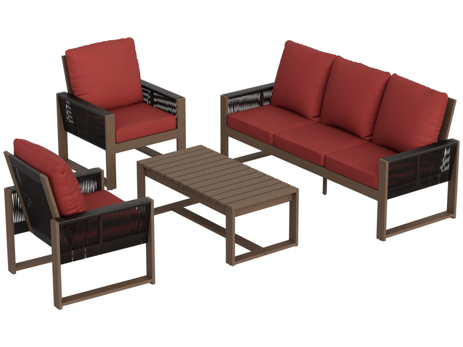 Natural Wood Outdoor Patio Furniture Set, Sofa 2 Chairs and Coffee Table, 4 Pieces
