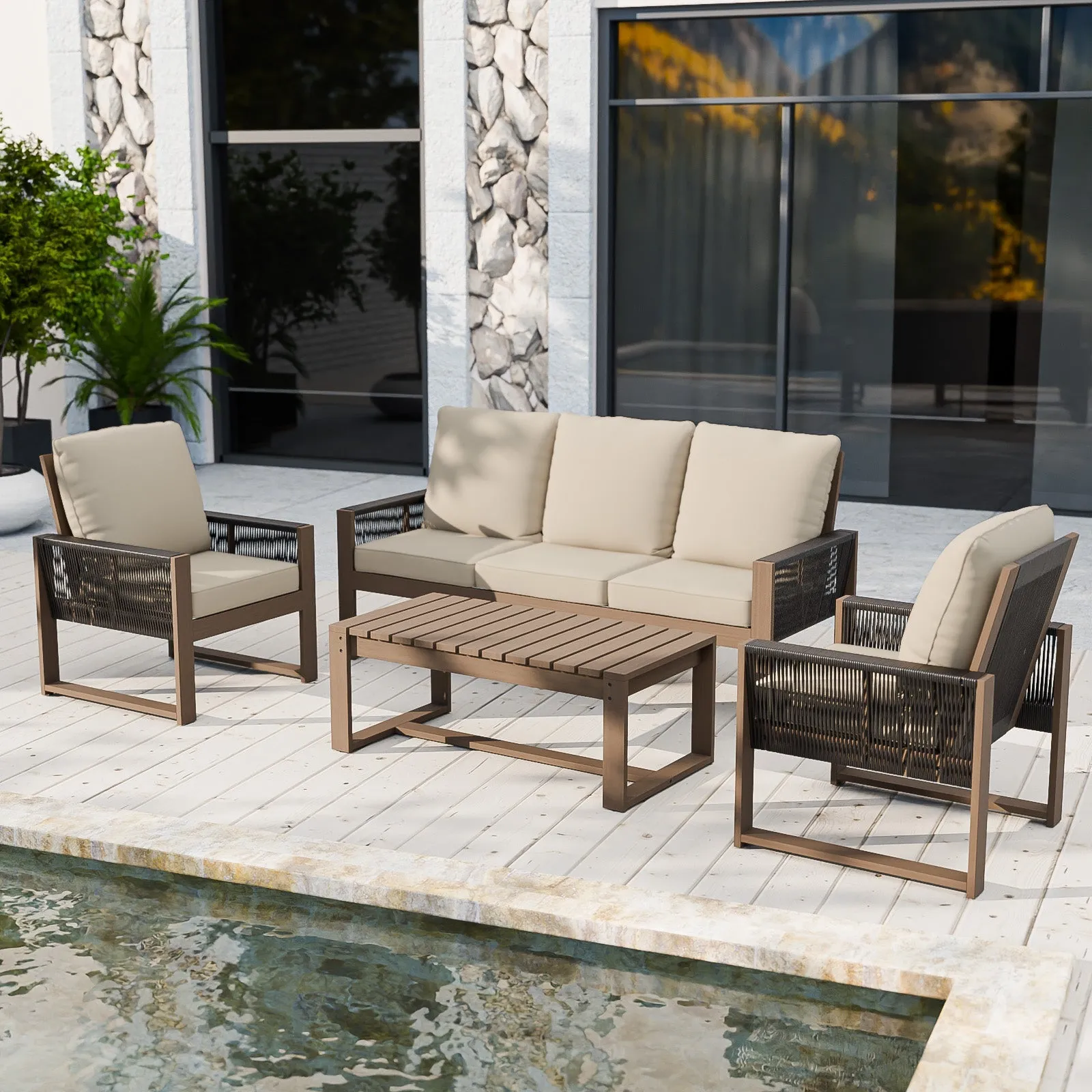 Natural Wood Outdoor Patio Furniture Set, Sofa 2 Chairs and Coffee Table, 4 Pieces