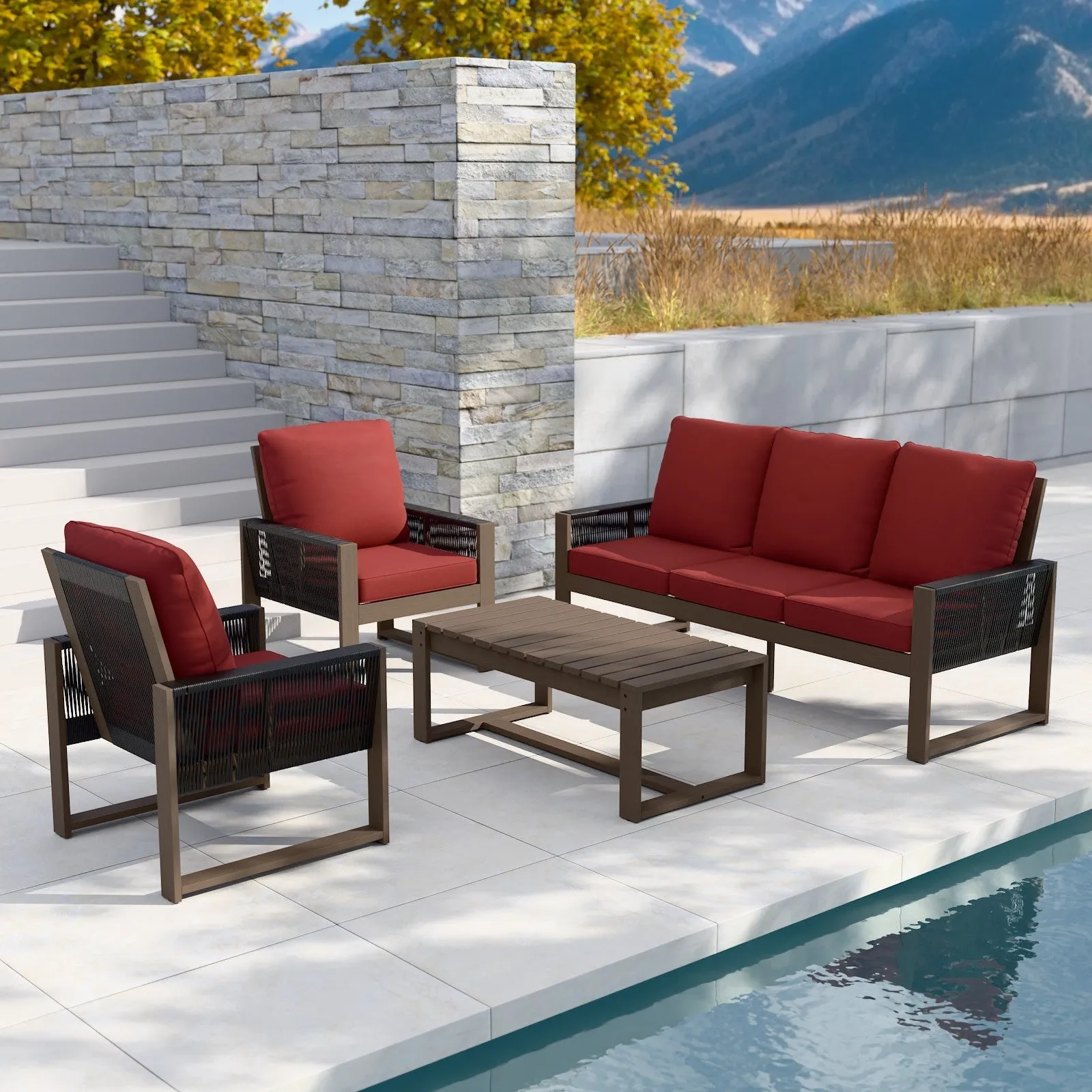 Natural Wood Outdoor Patio Furniture Set, Sofa 2 Chairs and Coffee Table, 4 Pieces