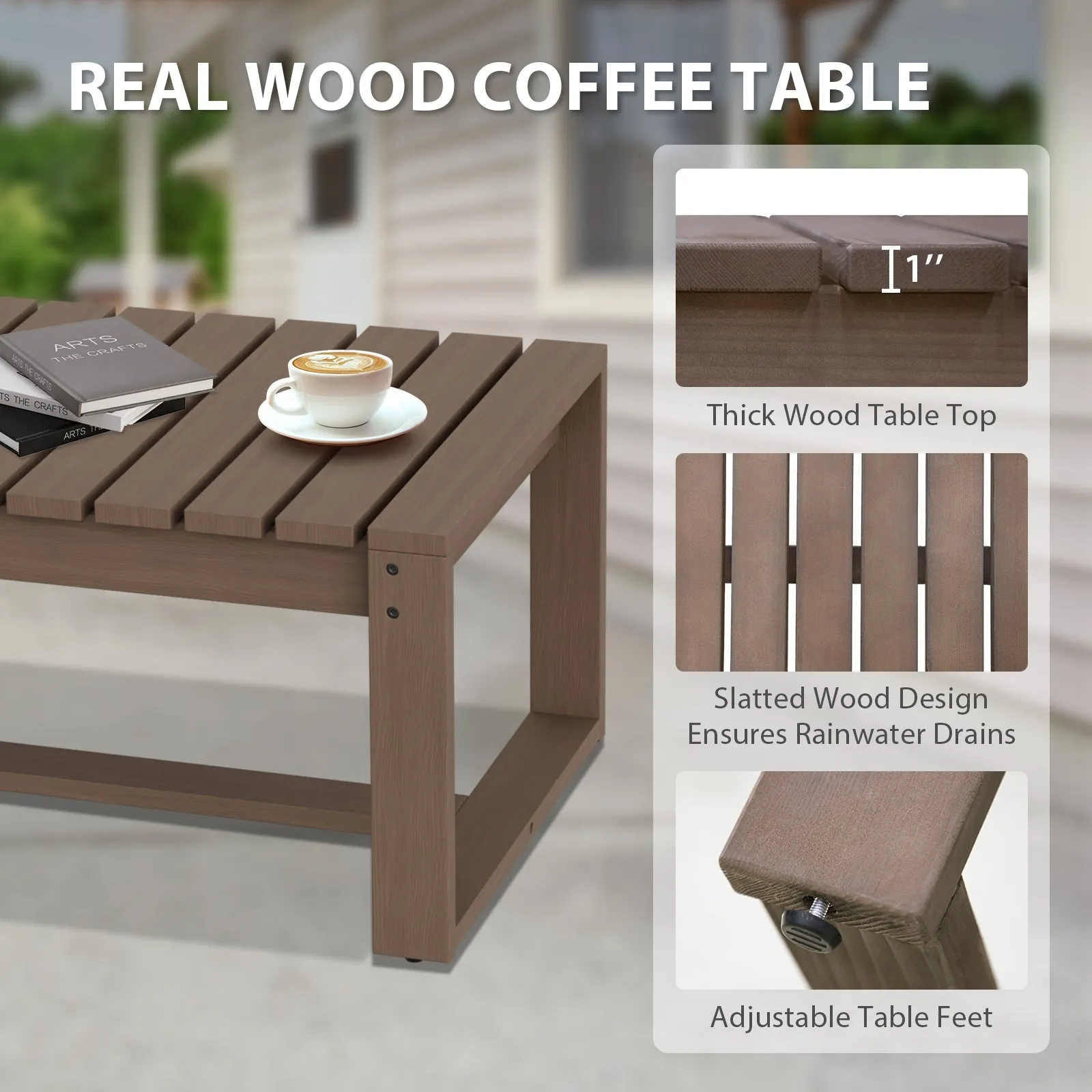 Natural Wood Outdoor Patio Furniture Set, Sofa 2 Chairs and Coffee Table, 4 Pieces