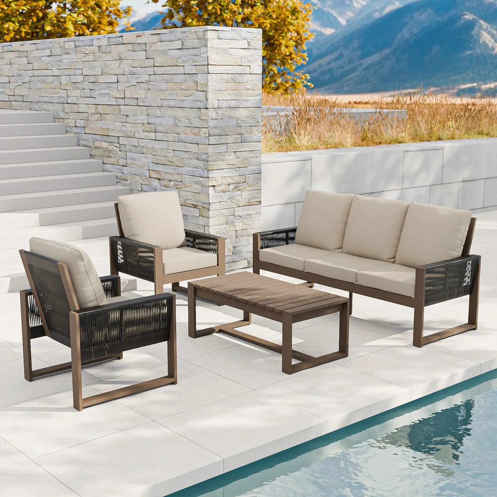 Natural Wood Outdoor Patio Furniture Set, Sofa 2 Chairs and Coffee Table, 4 Pieces