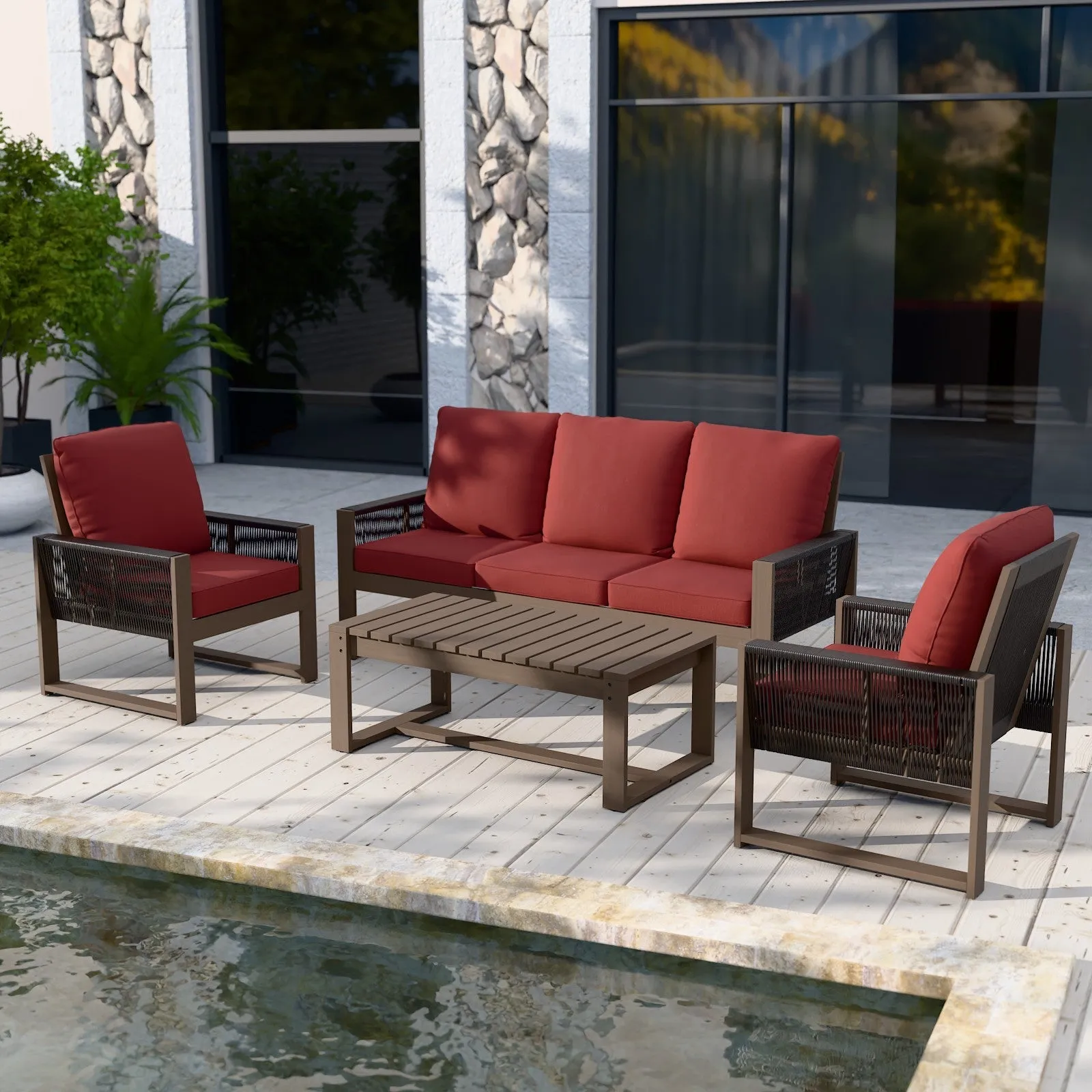 Natural Wood Outdoor Patio Furniture Set, Sofa 2 Chairs and Coffee Table, 4 Pieces