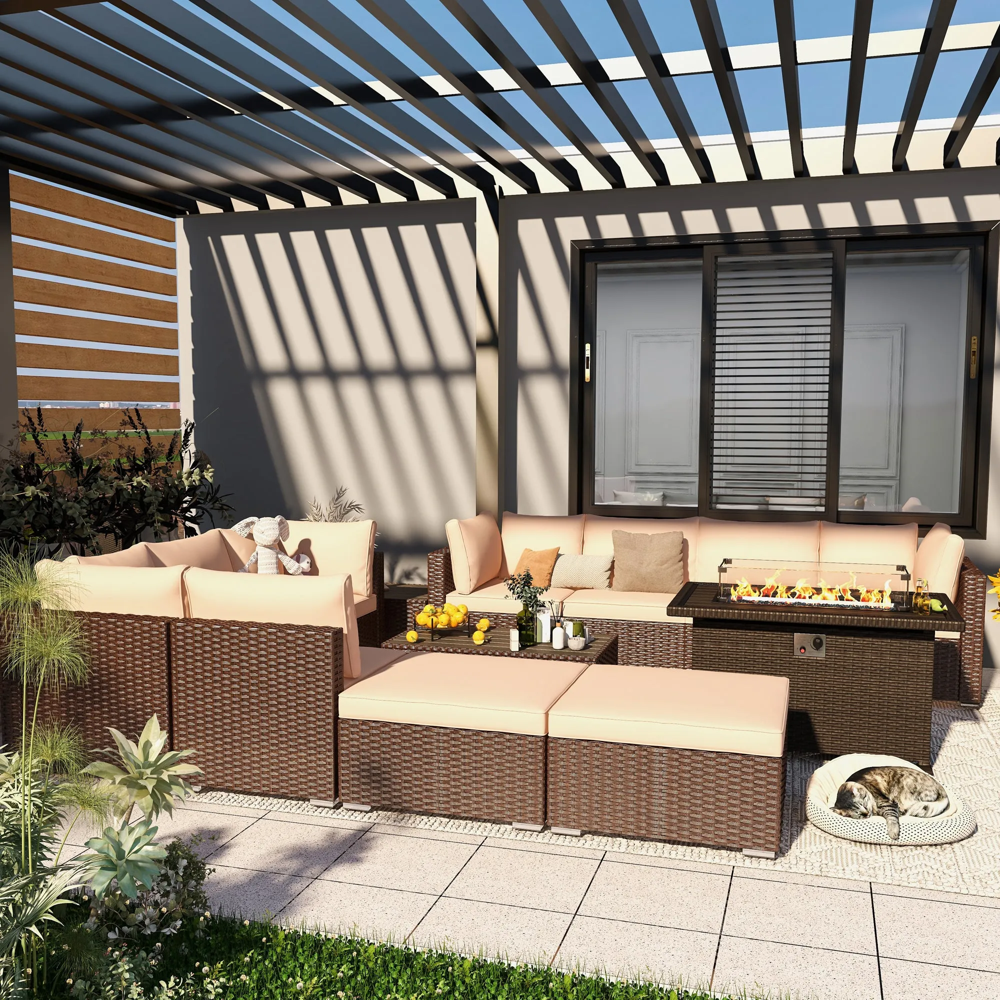 Outdoor Furniture Sets,13 Pieces Patio Furniture Sets,10-Seater Hand-Woven Wicker Patio Conversation Sets with 2 Coffee Table and 50 Inch Fire Pit Table for Deck,Backyard(Khaki)