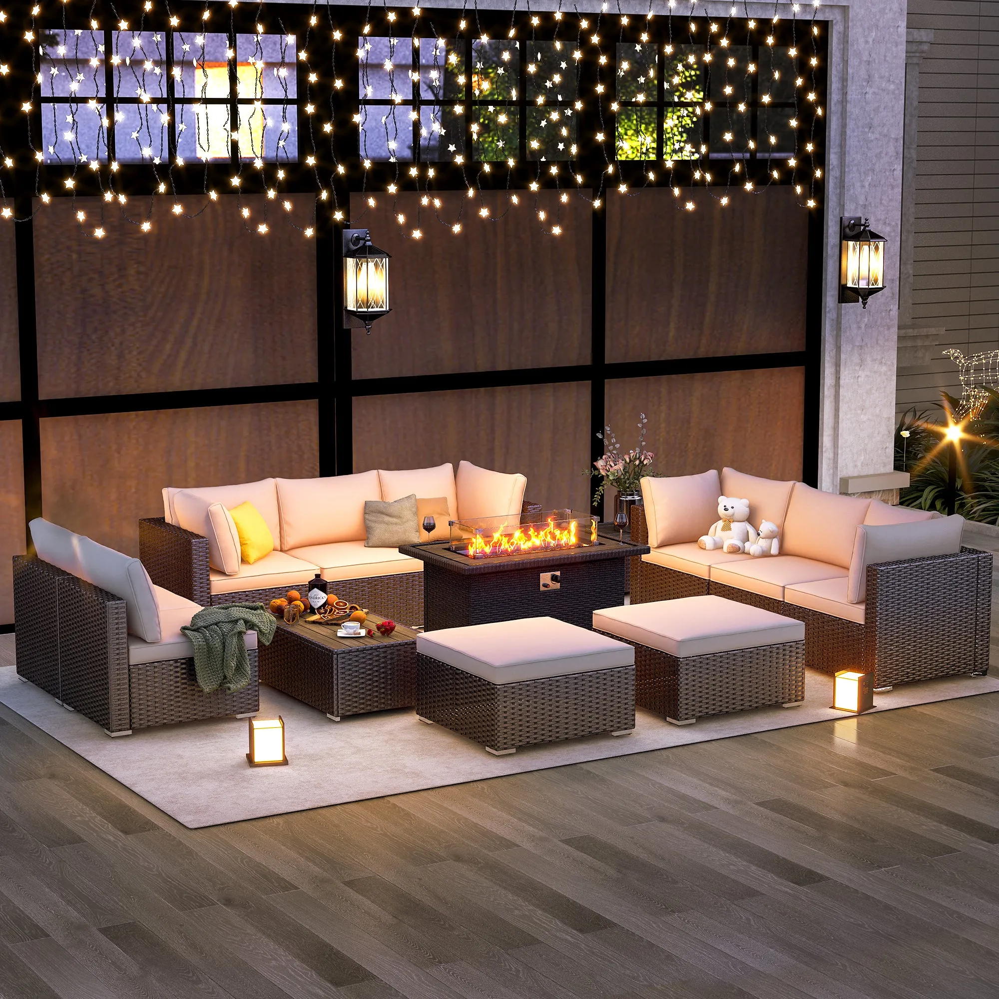 Outdoor Furniture Sets,13 Pieces Patio Furniture Sets,10-Seater Hand-Woven Wicker Patio Conversation Sets with 2 Coffee Table and 50 Inch Fire Pit Table for Deck,Backyard(Khaki)