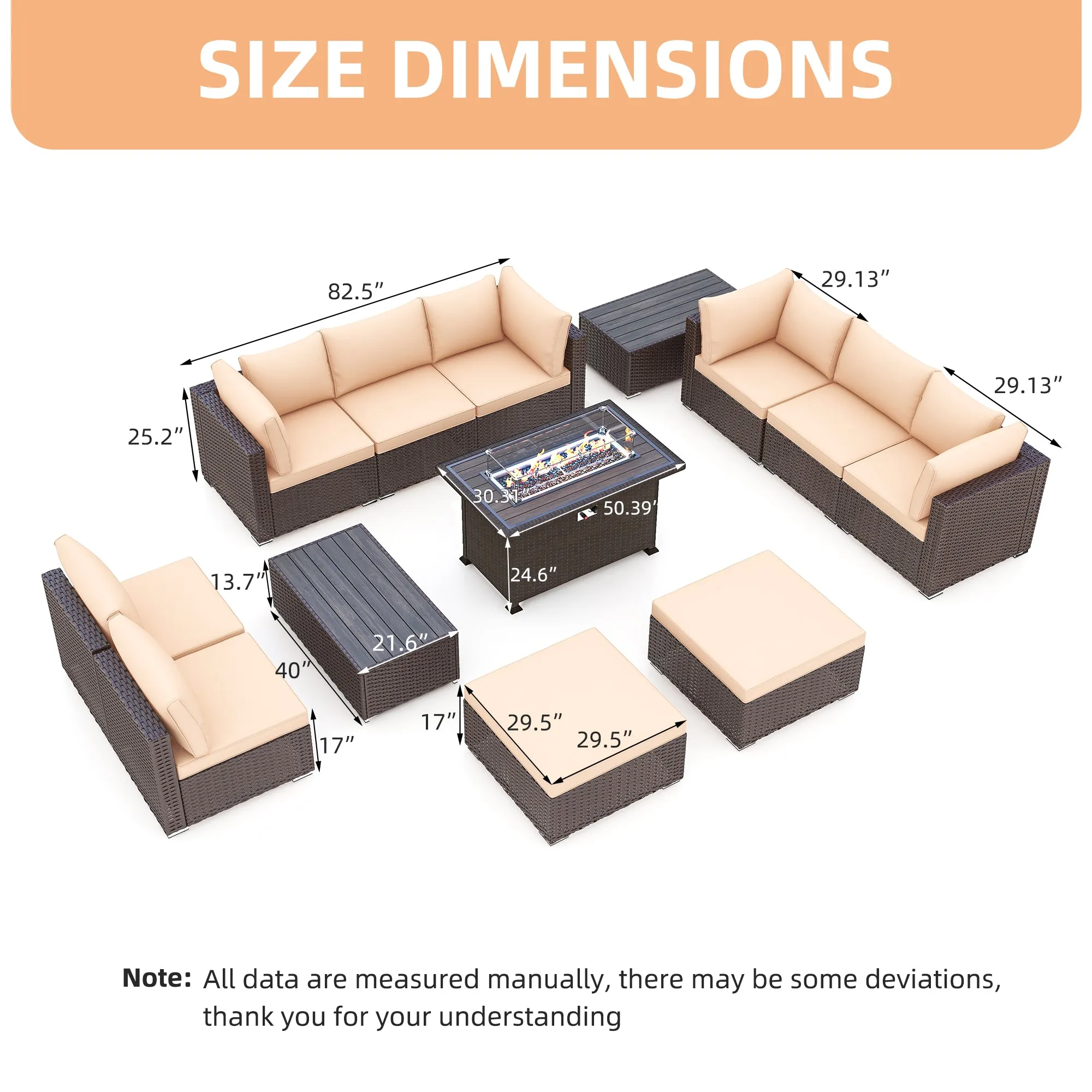 Outdoor Furniture Sets,13 Pieces Patio Furniture Sets,10-Seater Hand-Woven Wicker Patio Conversation Sets with 2 Coffee Table and 50 Inch Fire Pit Table for Deck,Backyard(Khaki)