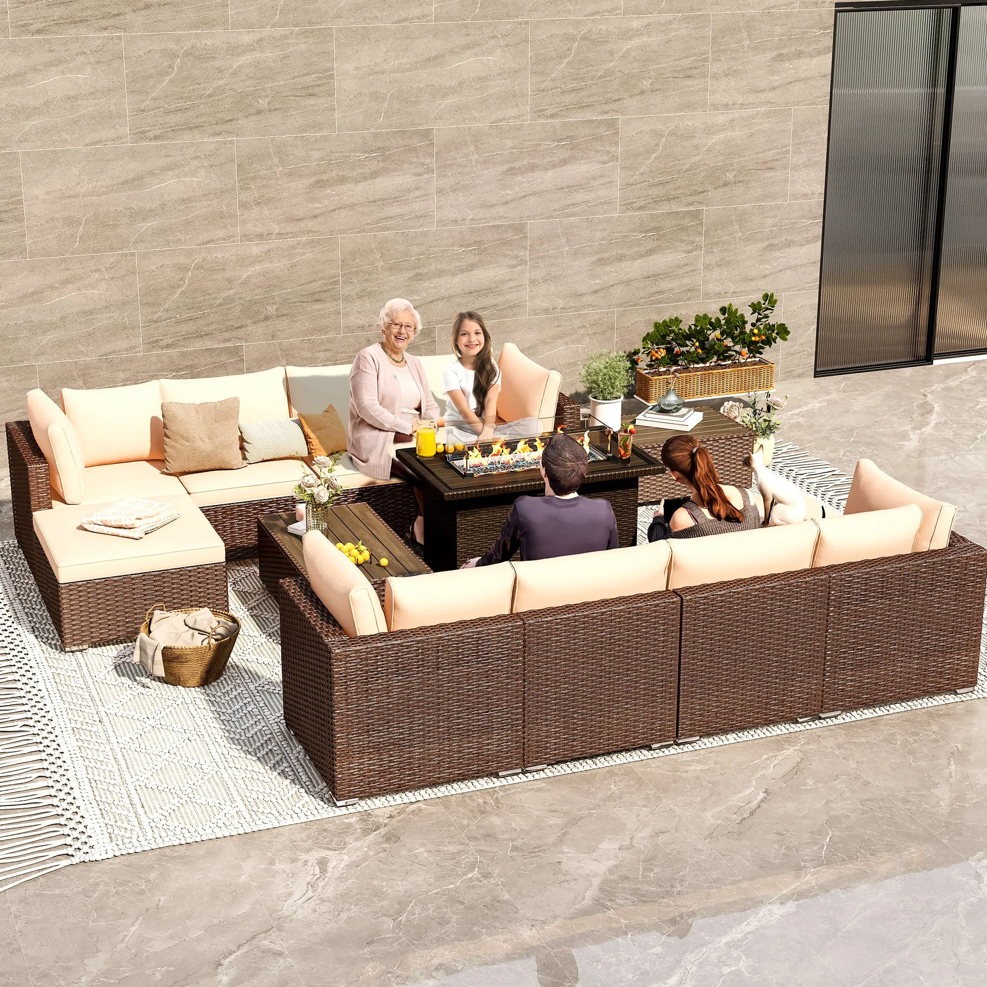 Outdoor Furniture Sets,13 Pieces Patio Furniture Sets,10-Seater Hand-Woven Wicker Patio Conversation Sets with 2 Coffee Table and 50 Inch Fire Pit Table for Deck,Backyard(Khaki)