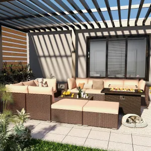 Outdoor Furniture Sets,13 Pieces Patio Furniture Sets,10-Seater Hand-Woven Wicker Patio Conversation Sets with 2 Coffee Table and 50 Inch Fire Pit Table for Deck,Backyard(Khaki)