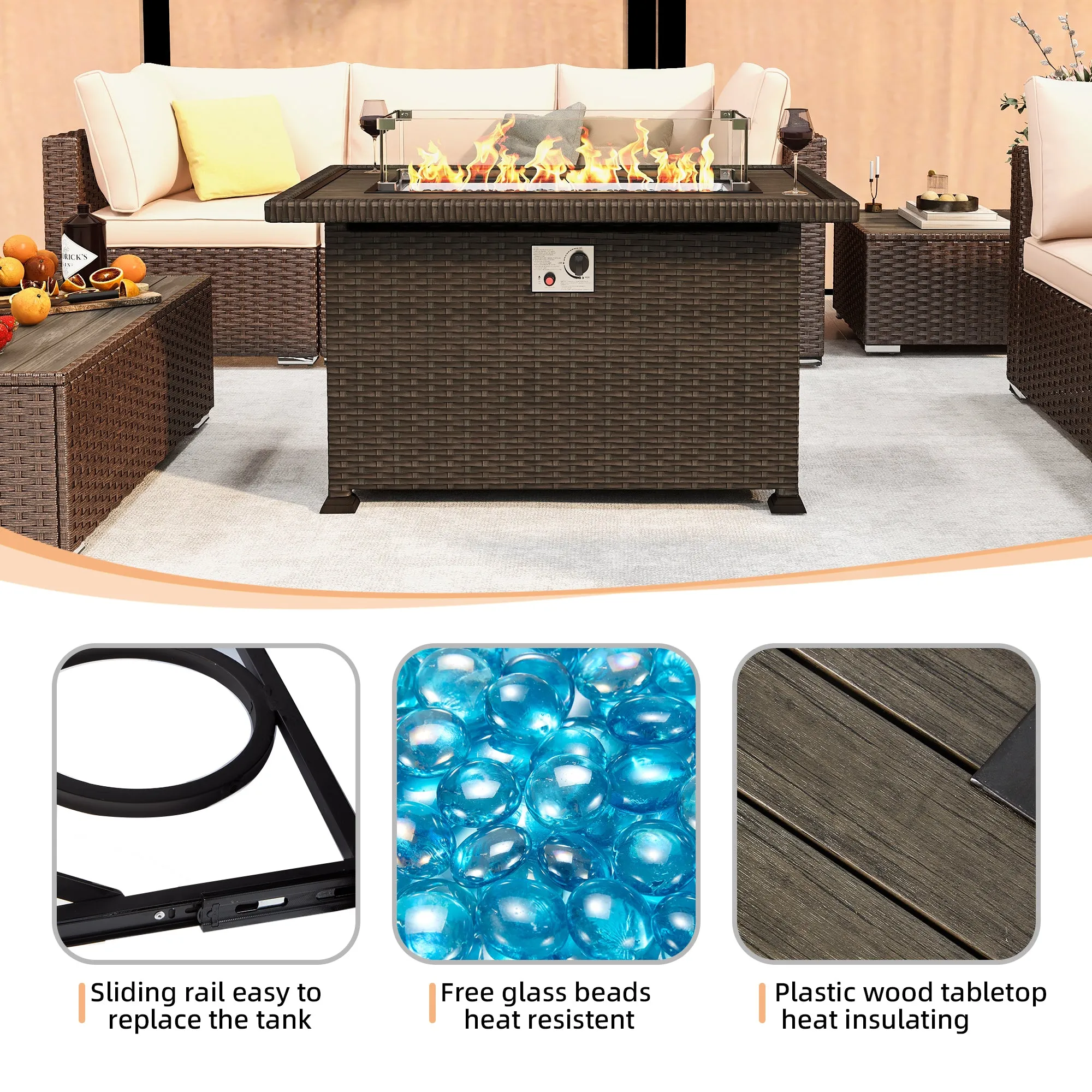 Outdoor Furniture Sets,13 Pieces Patio Furniture Sets,10-Seater Hand-Woven Wicker Patio Conversation Sets with 2 Coffee Table and 50 Inch Fire Pit Table for Deck,Backyard(Khaki)