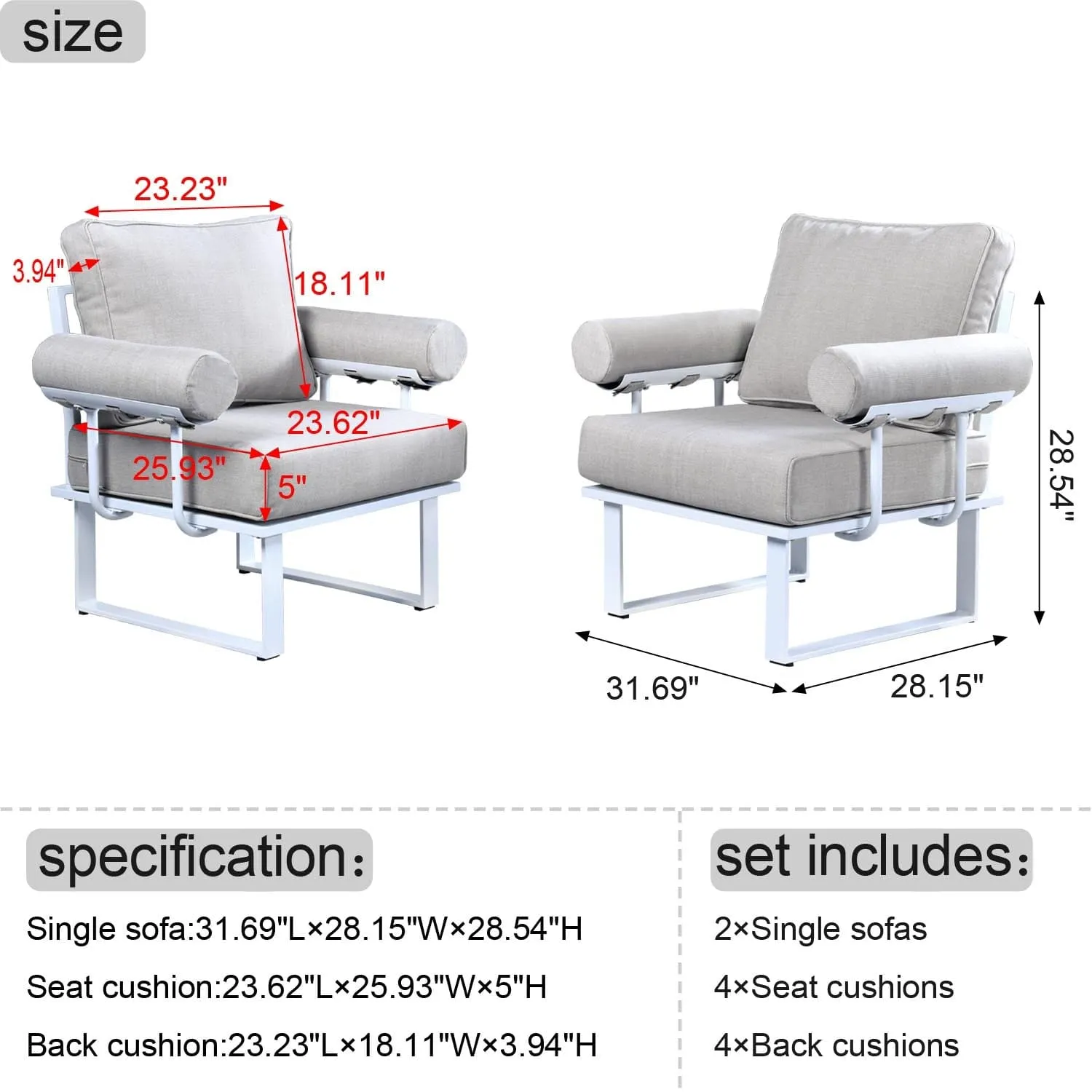Ovios Patio Bistro Set 2 Piece Outdoor Chairs, Aluminum Frame, 5'' Cushion