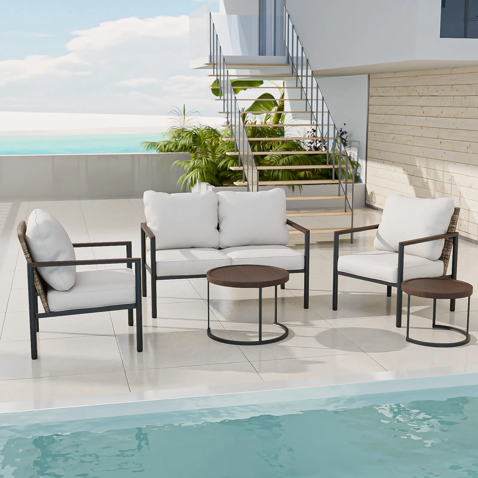 Sunset Dune Outdoor 6 PCS Patio Furniture,  2 Chairs 1 Loveseat 2 Tables Ottoman