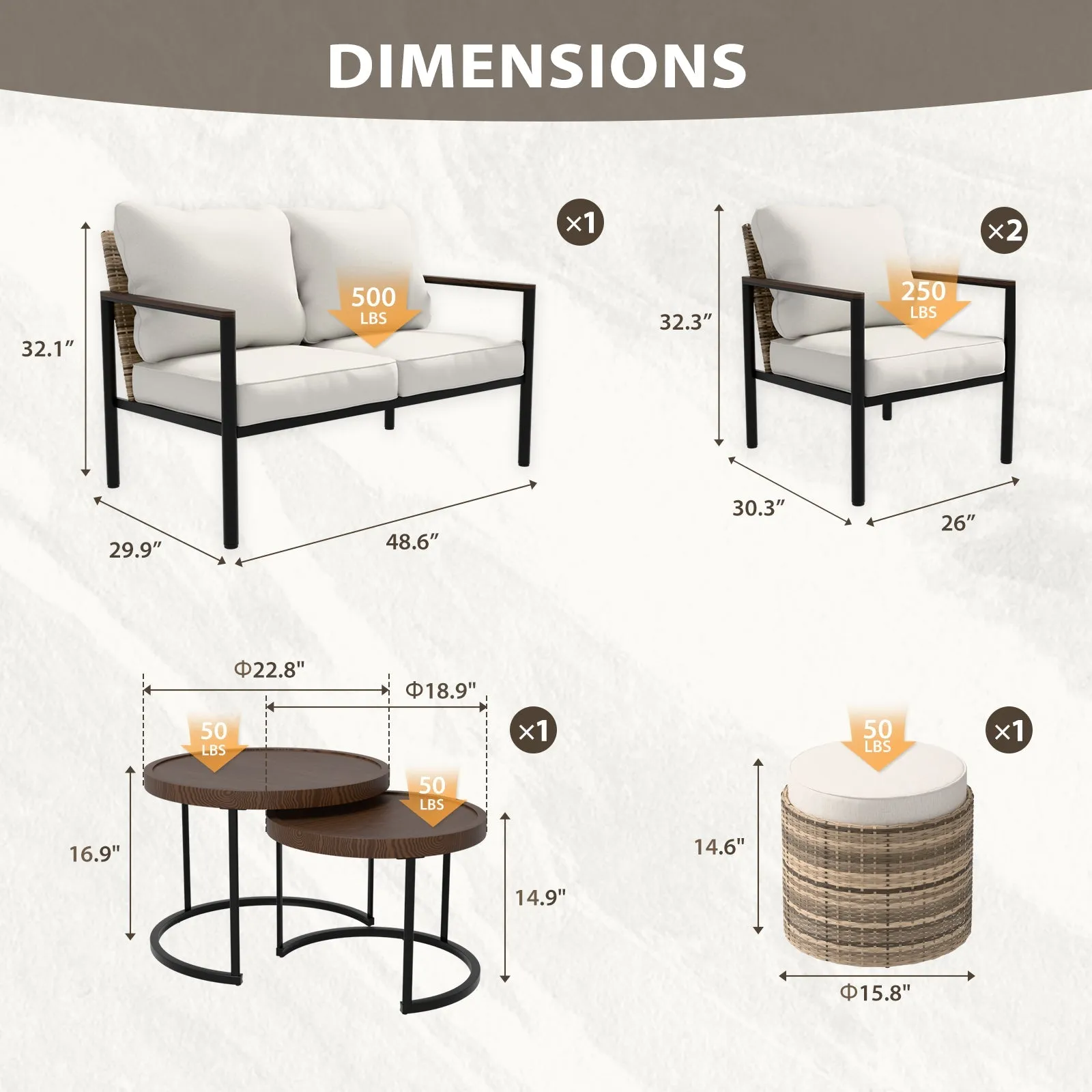 Sunset Dune Outdoor 6 PCS Patio Furniture,  2 Chairs 1 Loveseat 2 Tables Ottoman