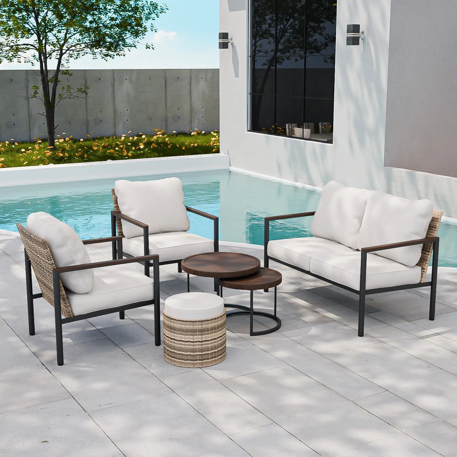 Sunset Dune Outdoor 6 PCS Patio Furniture,  2 Chairs 1 Loveseat 2 Tables Ottoman