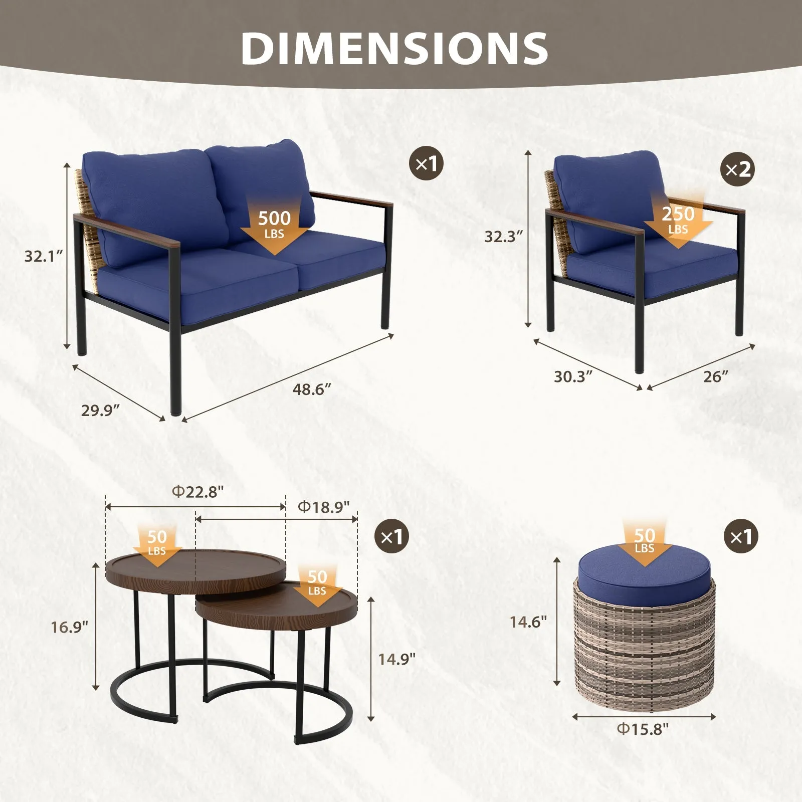 Sunset Dune Outdoor 6 PCS Patio Furniture,  2 Chairs 1 Loveseat 2 Tables Ottoman