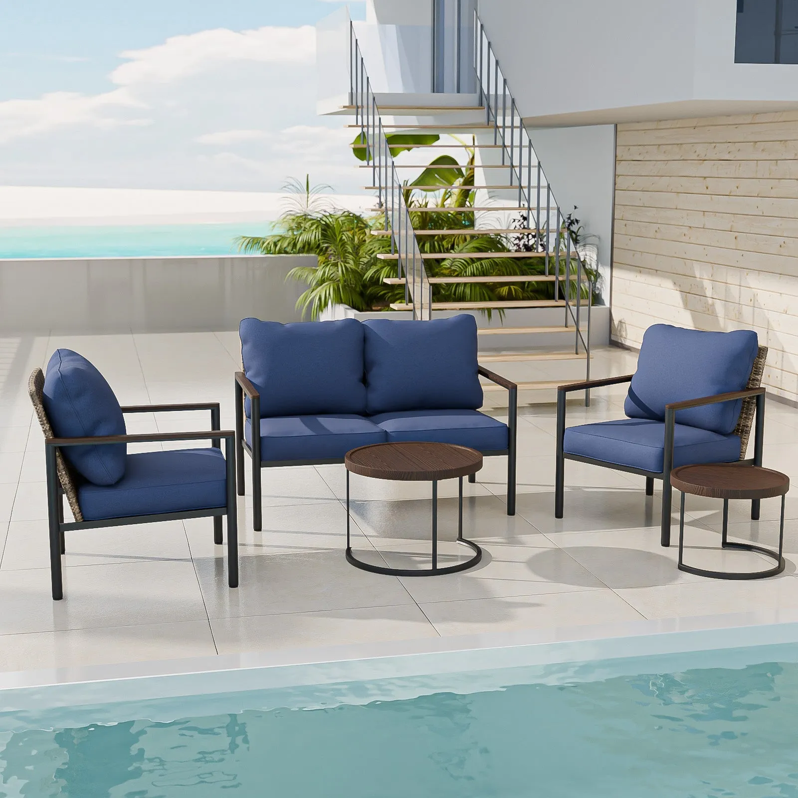 Sunset Dune Outdoor 6 PCS Patio Furniture,  2 Chairs 1 Loveseat 2 Tables Ottoman