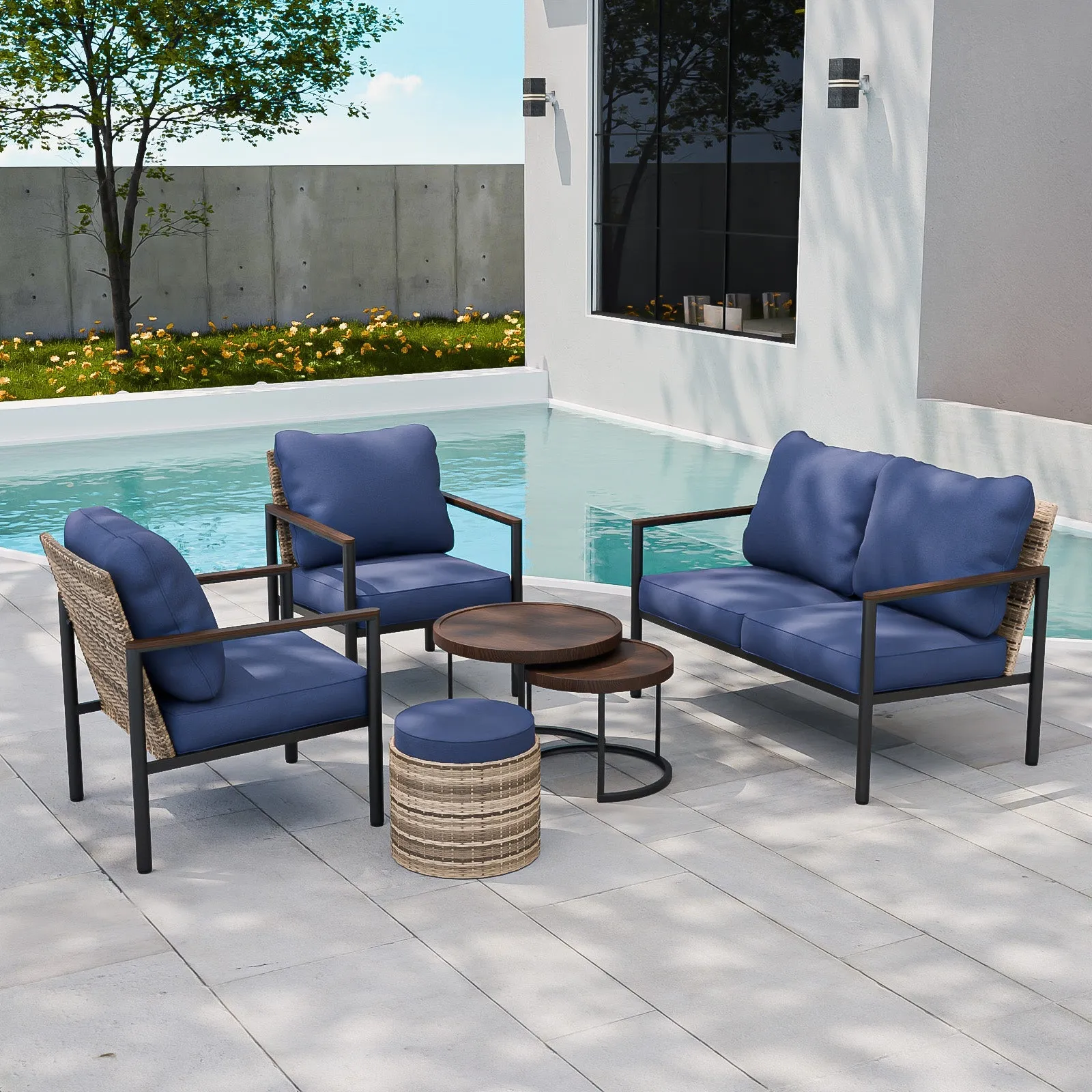 Sunset Dune Outdoor 6 PCS Patio Furniture,  2 Chairs 1 Loveseat 2 Tables Ottoman