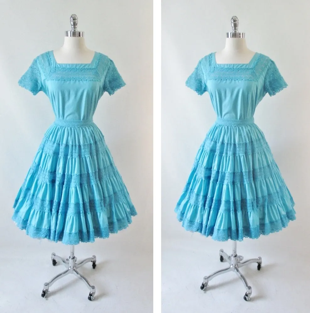 Vintage 50's Aquamarine Desert Flower Patio / Squaw Skirt Blouse Set L
