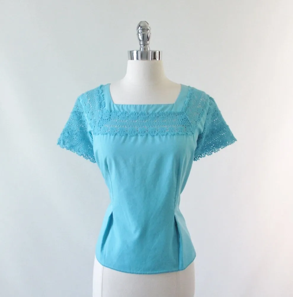 Vintage 50's Aquamarine Desert Flower Patio / Squaw Skirt Blouse Set L