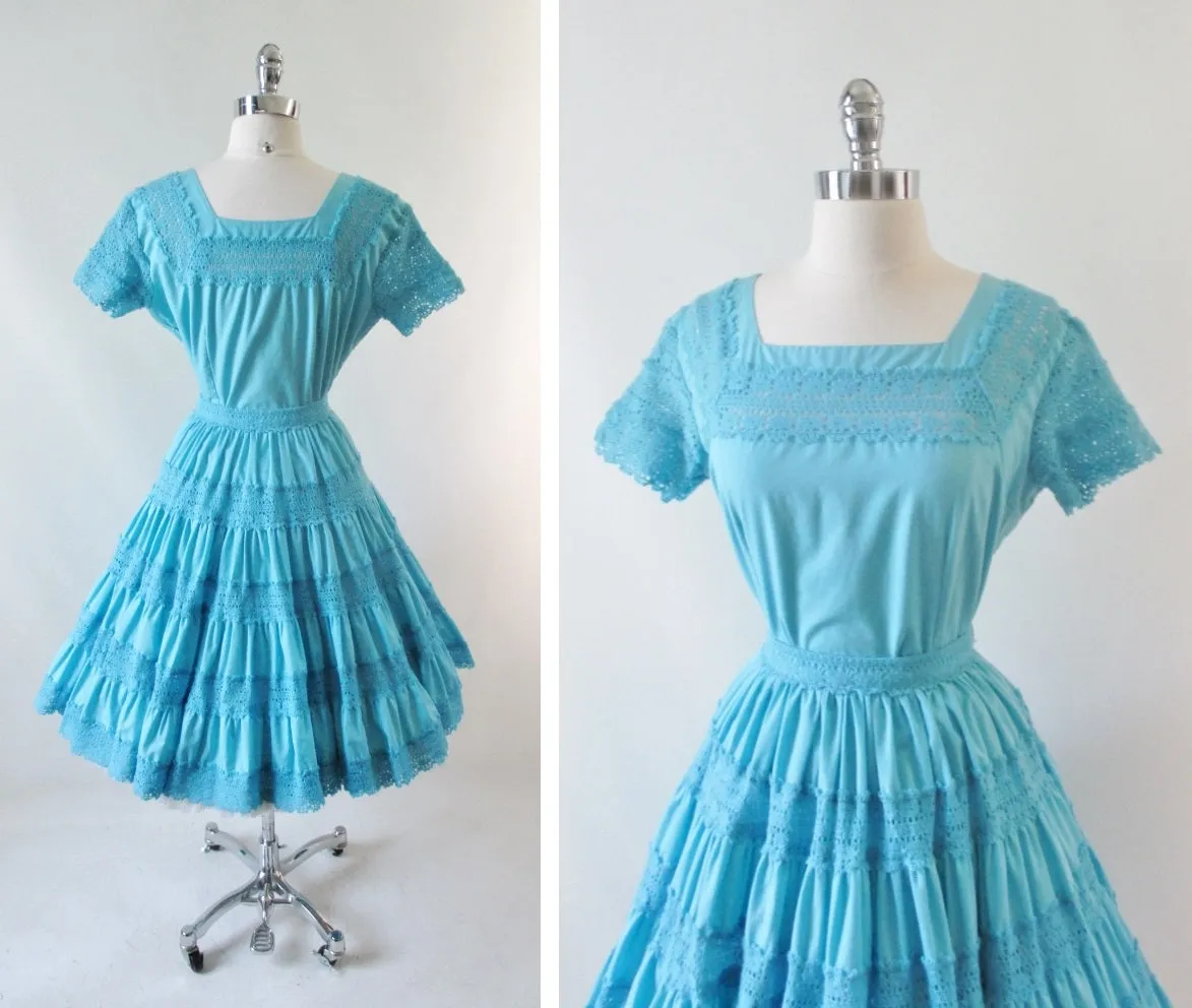 Vintage 50's Aquamarine Desert Flower Patio / Squaw Skirt Blouse Set L
